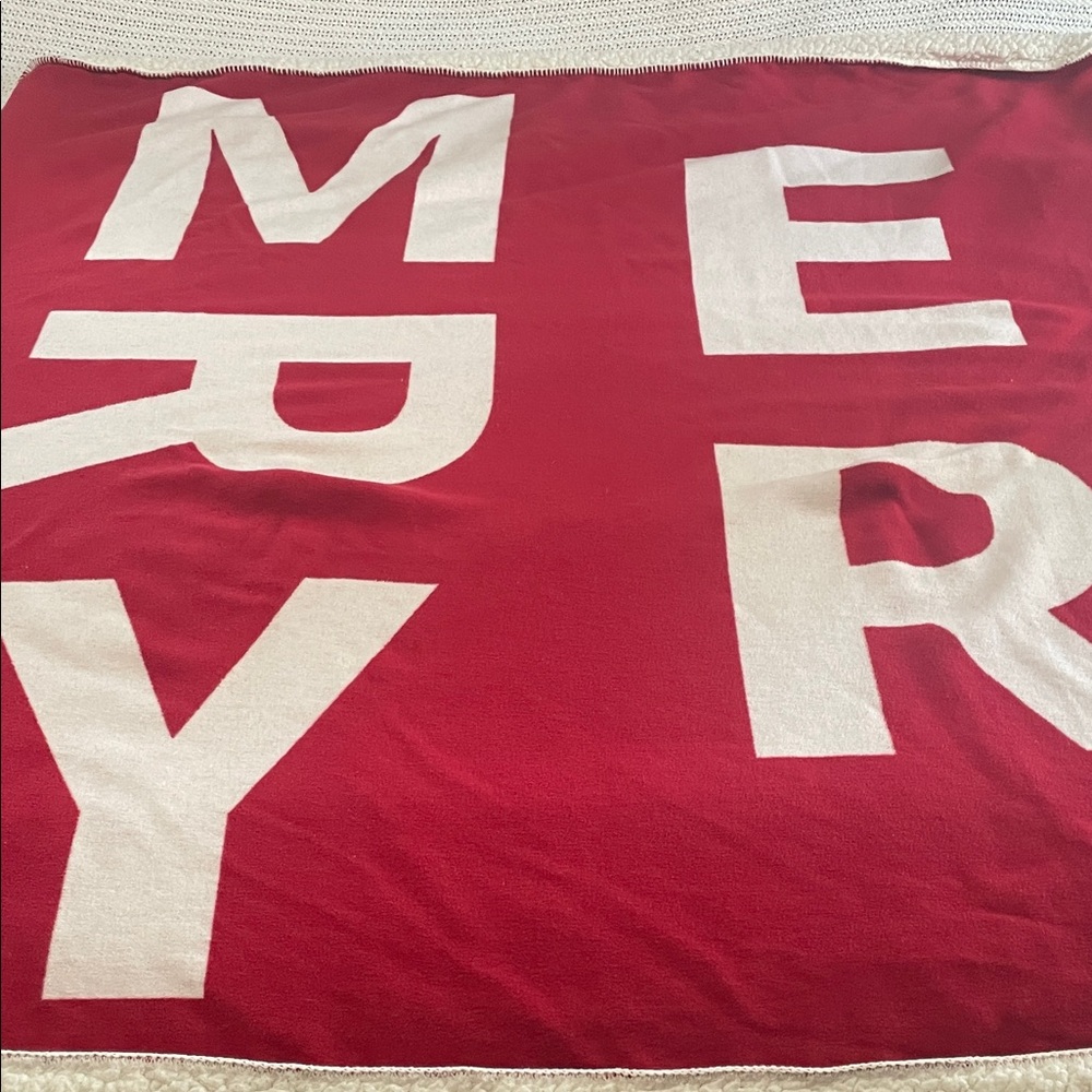 Pottery Barn cozy Festive Red and White Merry Throw. 50” x 60”
